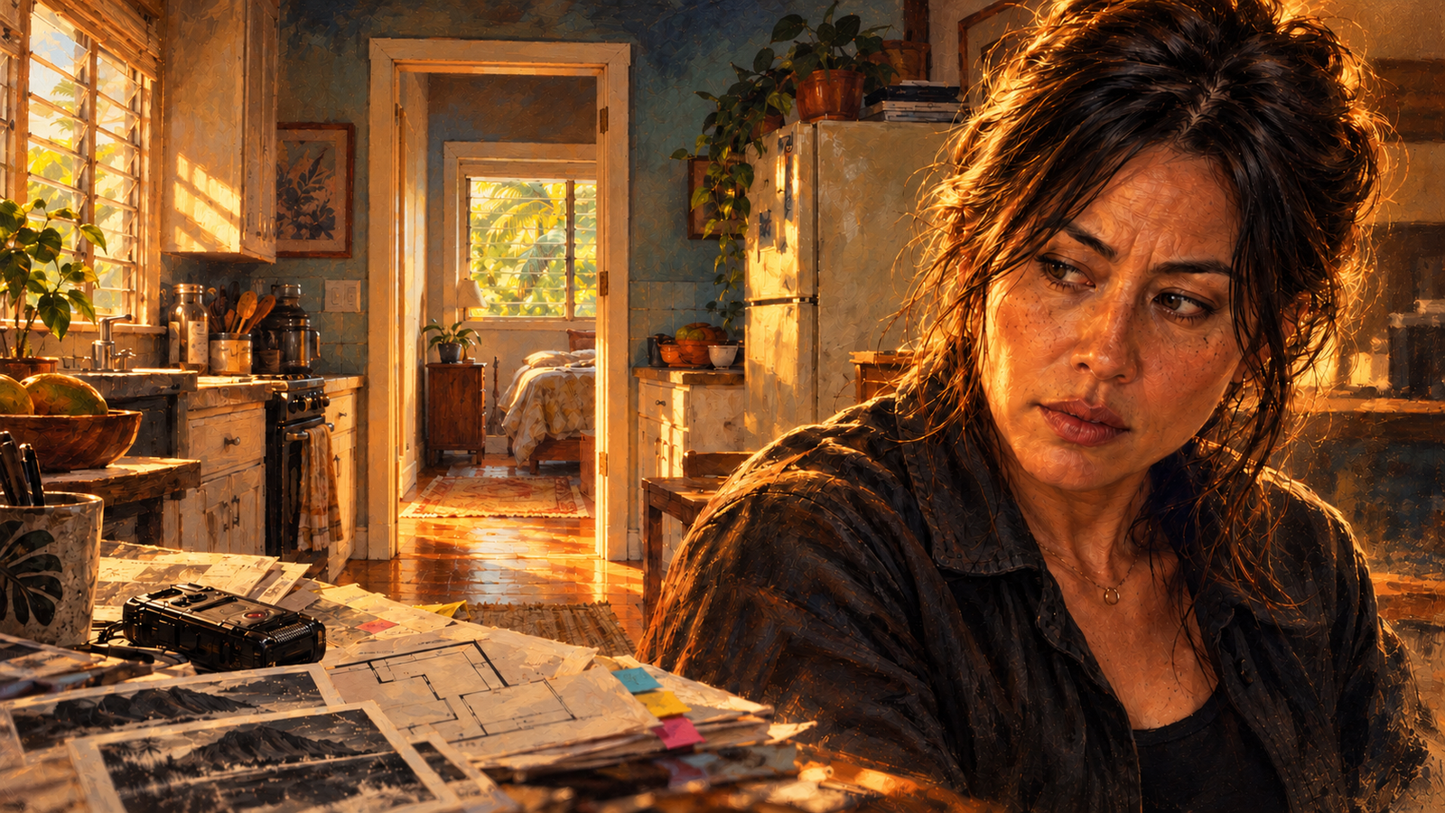 Painterly illustration of Claire Mori beside research papers and a sunlit empty doorway