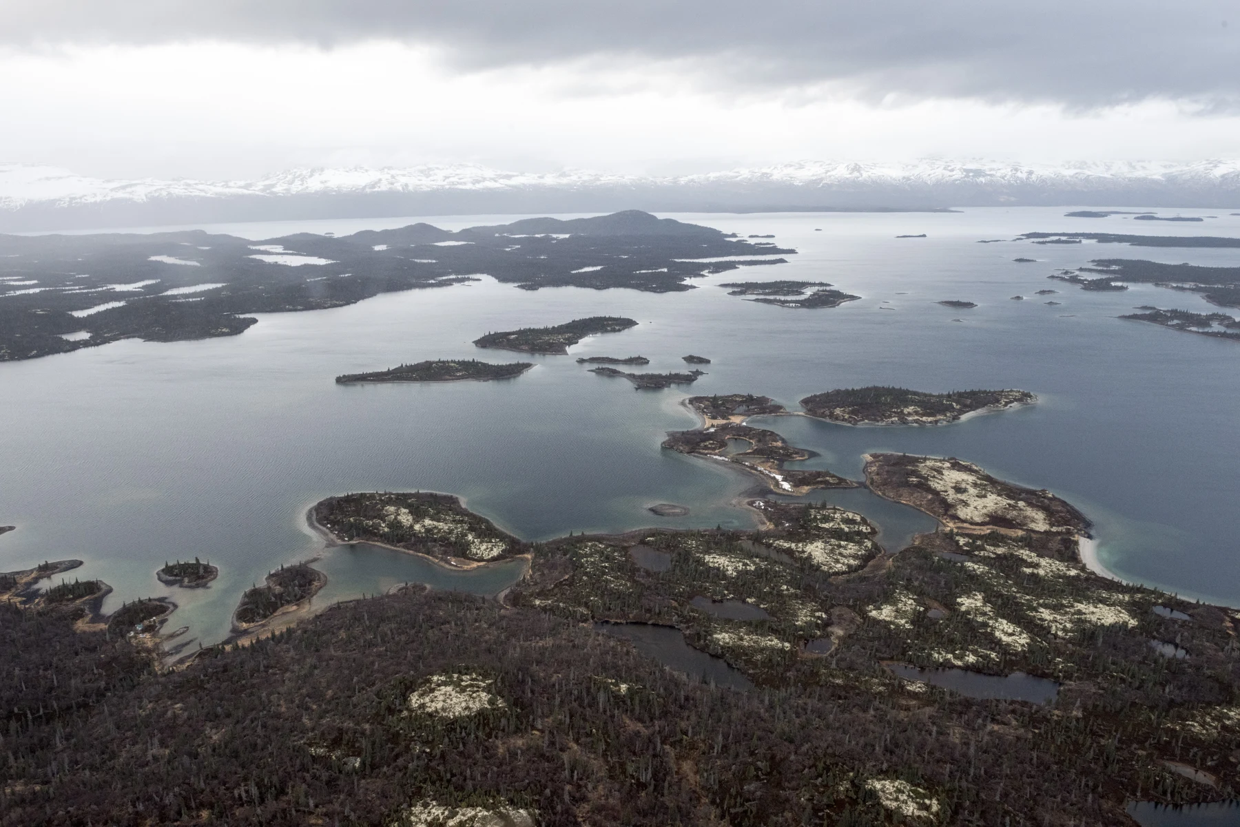 Aerial photograph of islands and water in Iliamna Lake, 2018