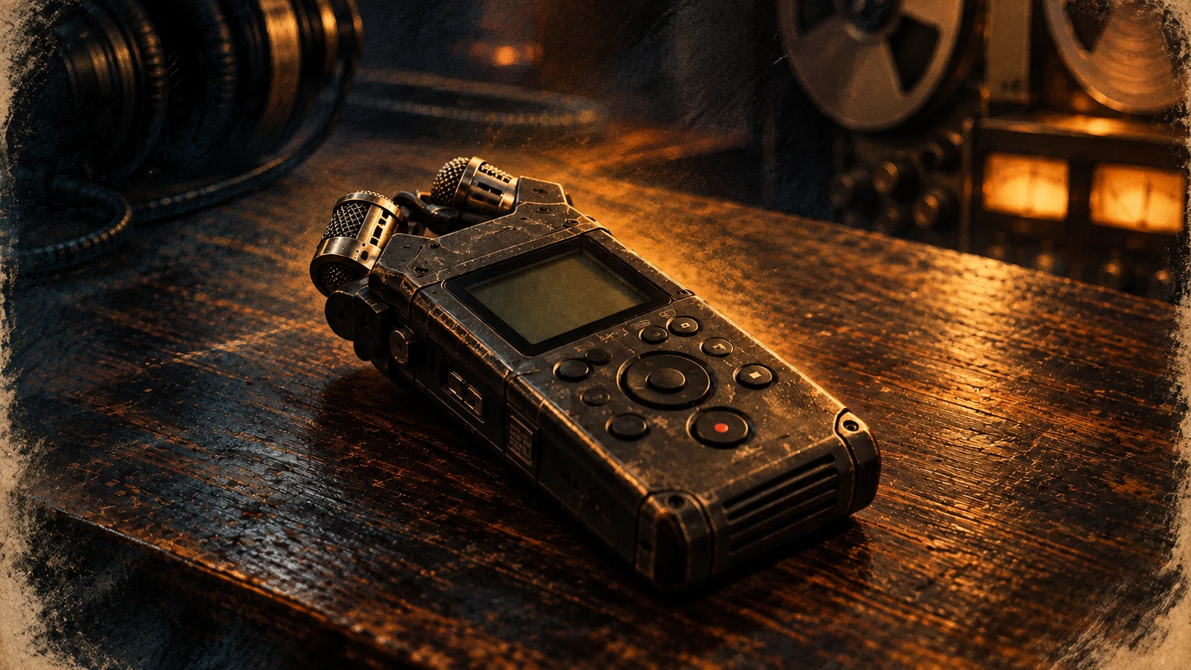 Illustration of a recorder on an audio studio desk