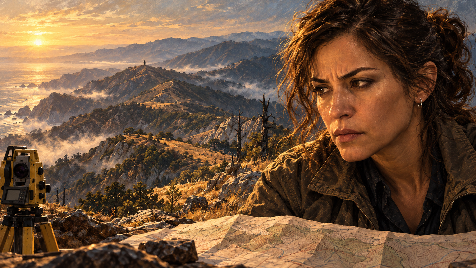 Painterly illustration of Leah Serrano with surveying equipment, a map and a distant ridge
