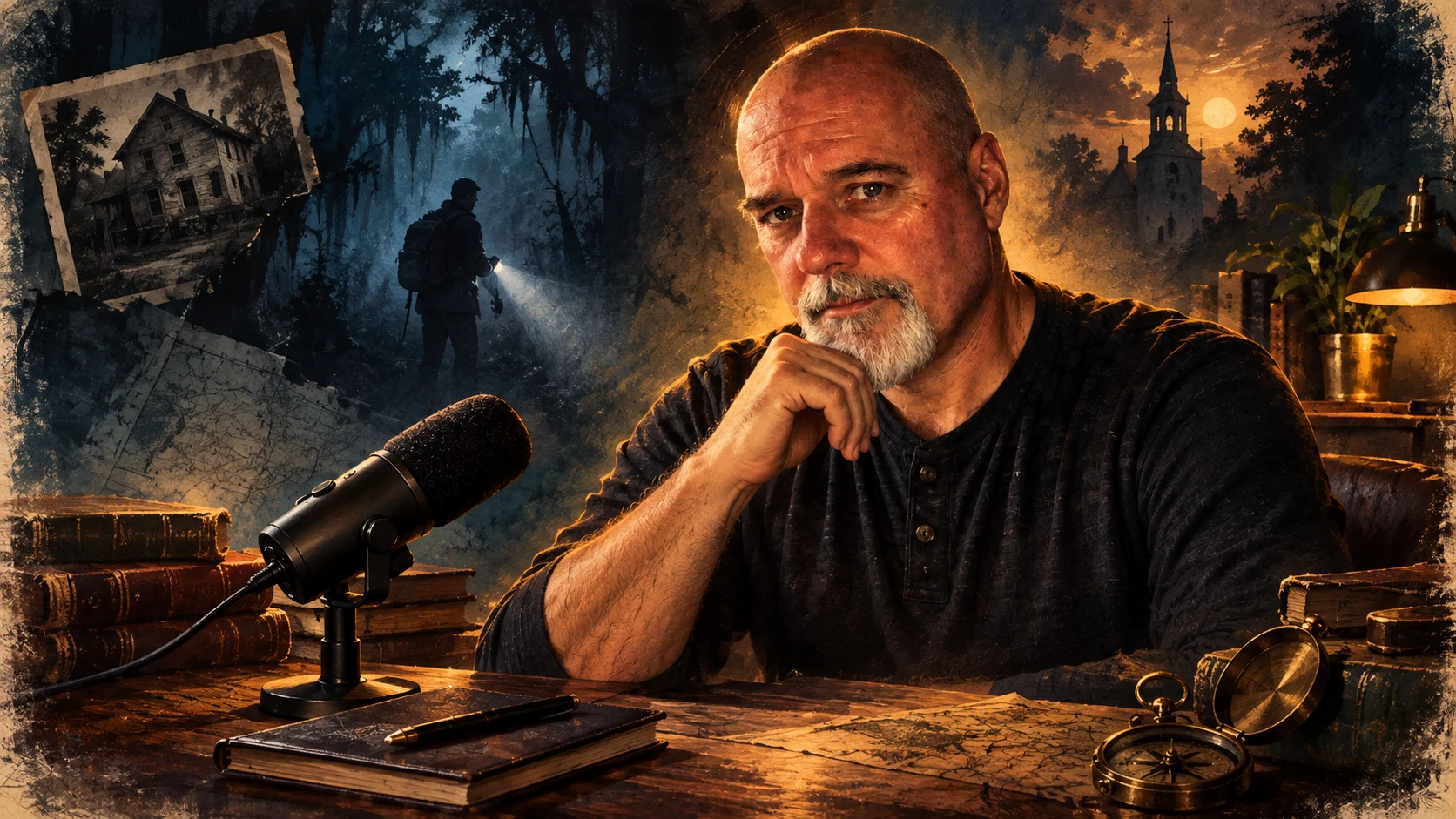 Painterly portrait of Scott Robertson at his writing desk beside a narration microphone