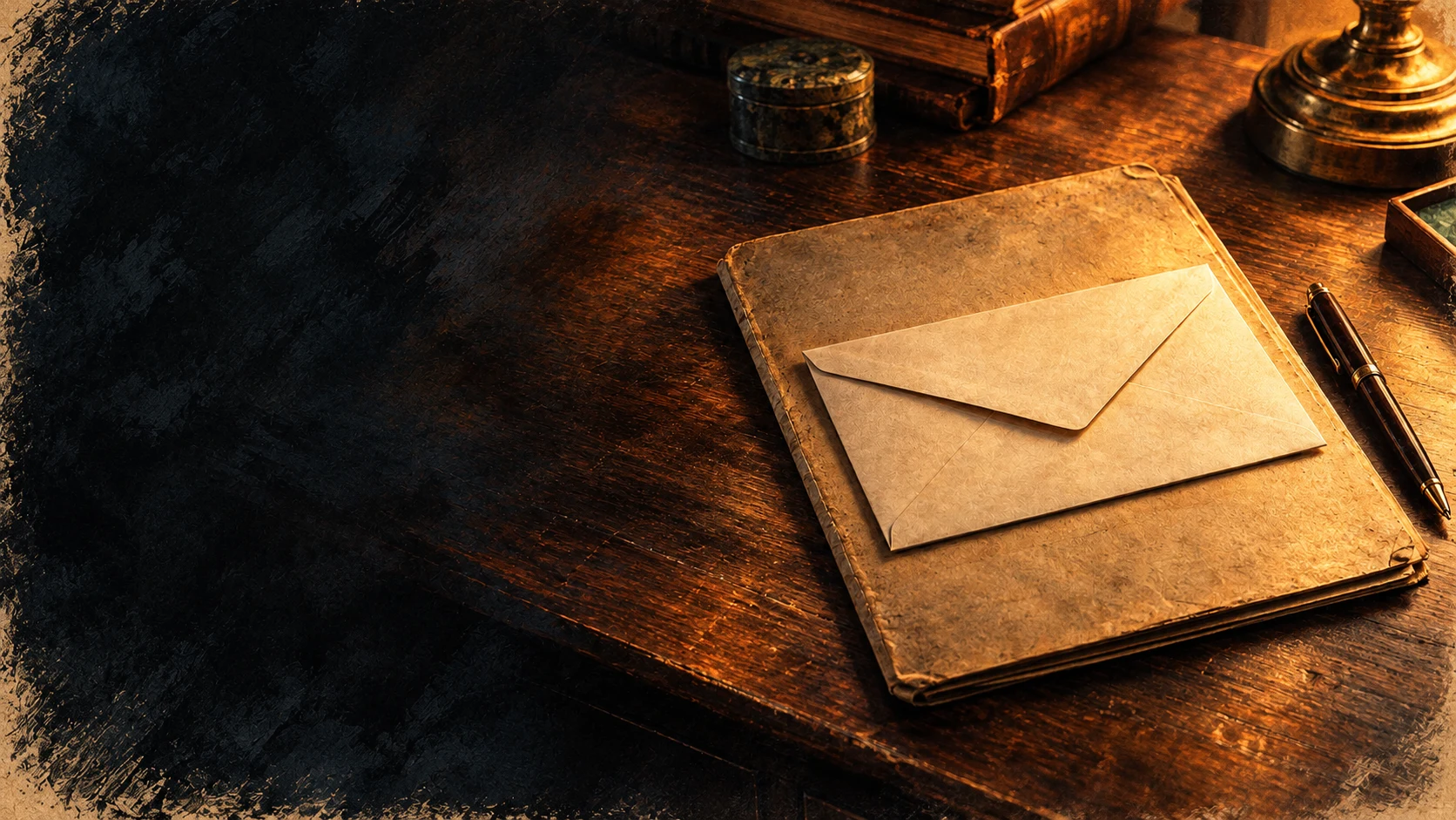 An envelope and closed folder on a dark desk