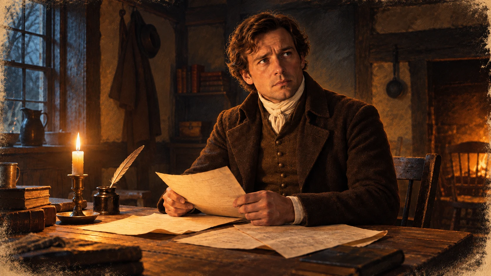 Ephraim with witness accounts and candlelight in an early American room